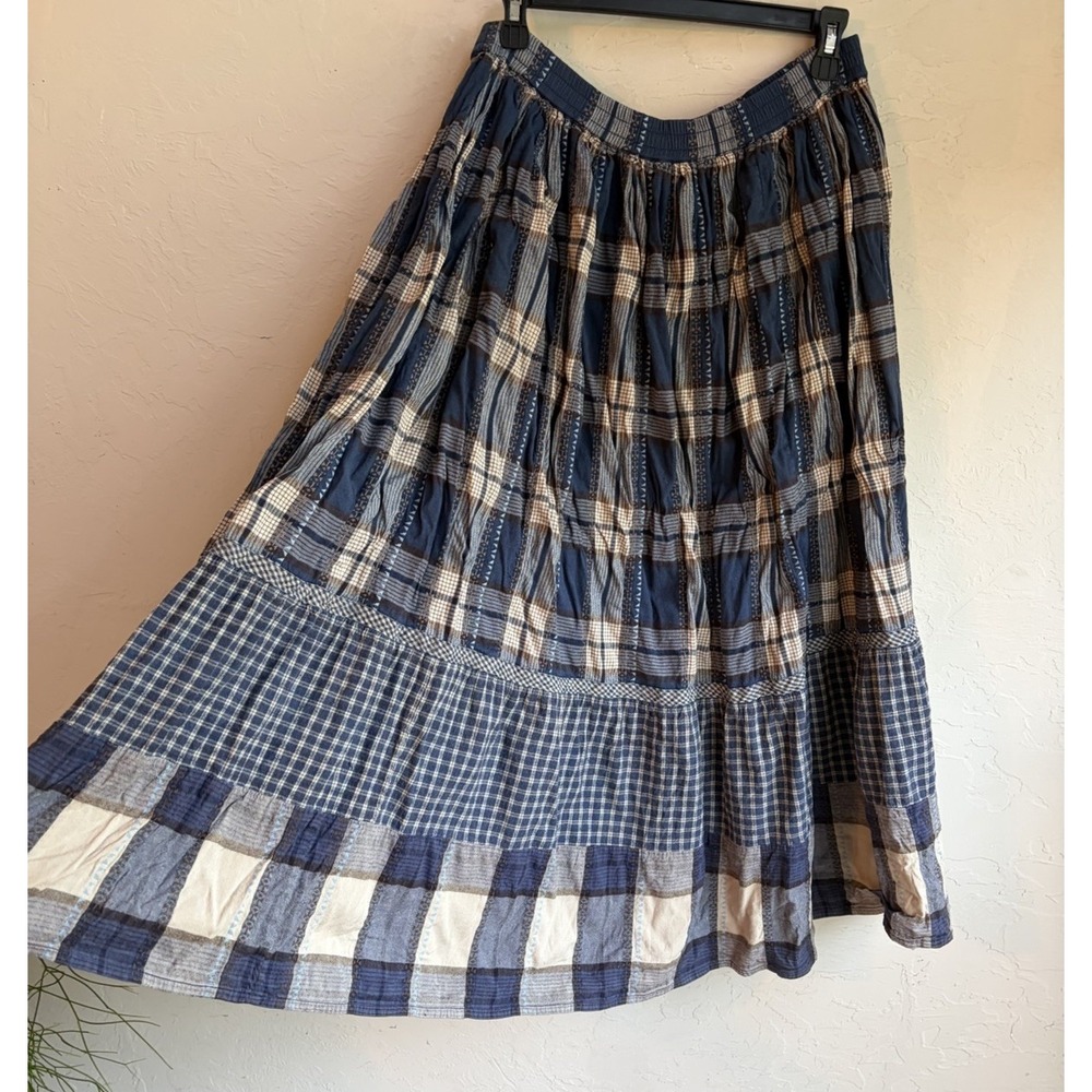Vintage 90s Y2K Sun River Tiered Patchwork Plaid Midi Skirt S Cottagecore Grunge